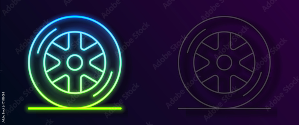 Glowing neon line Car wheel icon isolated on black background. Vector