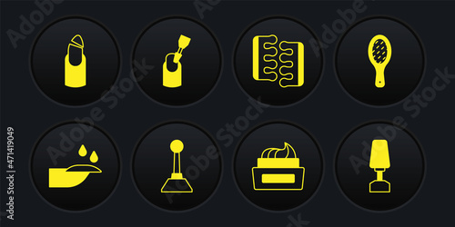 Set Nail manicure, file, Milling cutter for, Bottle of nail polish, Toe separator pedicure, and Broken icon. Vector