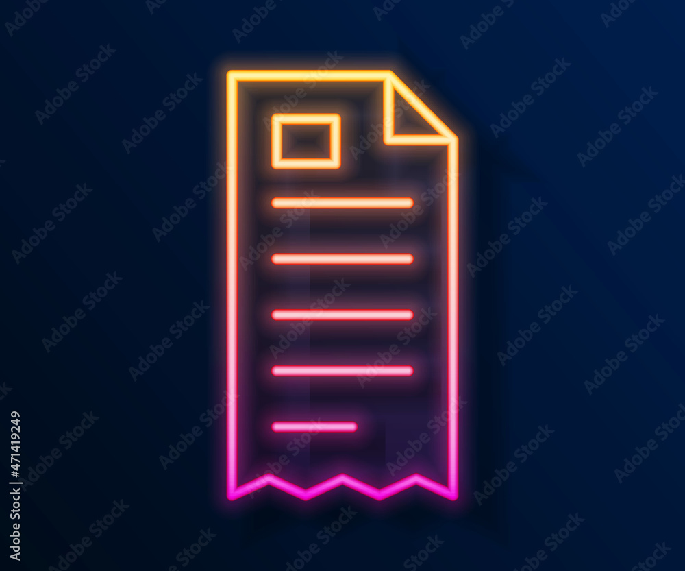 Glowing neon line Paper check and financial check icon isolated on black background. Paper print check, shop receipt or bill. Vector Glowing neon line Paper check and financial check icon isolated on black background. Paper print check, shop receipt or bill. Vector