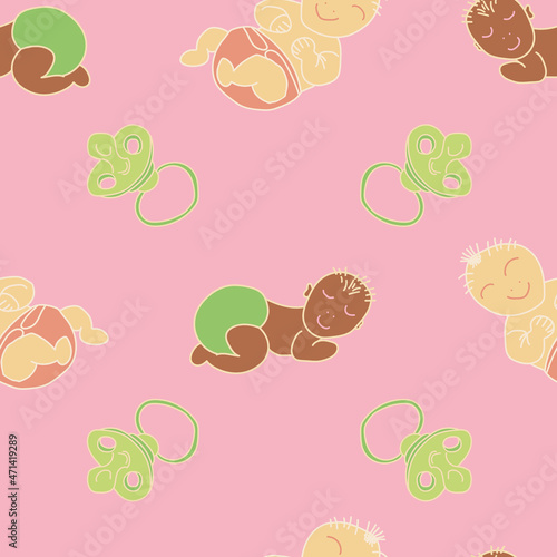 Vector Pink Baby Girl and Boy with pacifier seamless background pattern
