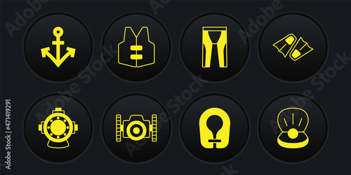 Set Aqualung, Flippers for swimming, Photo camera diver, Life jacket, Wetsuit scuba diving, Pearl and Anchor icon. Vector
