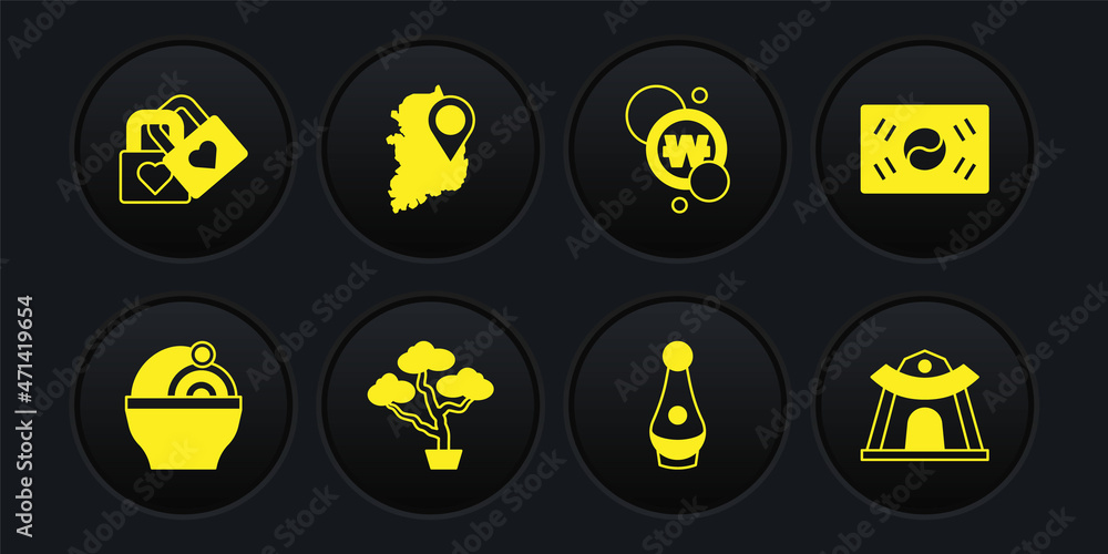Set Ramen, South Korea flag, Bonsai tree, Soju bottle, Korean won coin, map, temple and Lock with heart icon. Vector Set Ramen, South Korea flag, Bonsai tree, Soju bottle, Korean won coin, map, temple and Lock with heart icon. Vector