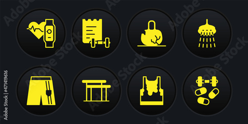 Set Short or pants, Shower, Uneven bars, Sweaty sleeveless t-shirt, Broken weight, Sport training program, Sports doping with dumbbell and Smart watch heart icon. Vector