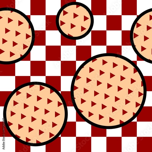 Abstract seamless checkered background with circles and triangles. Vector design.