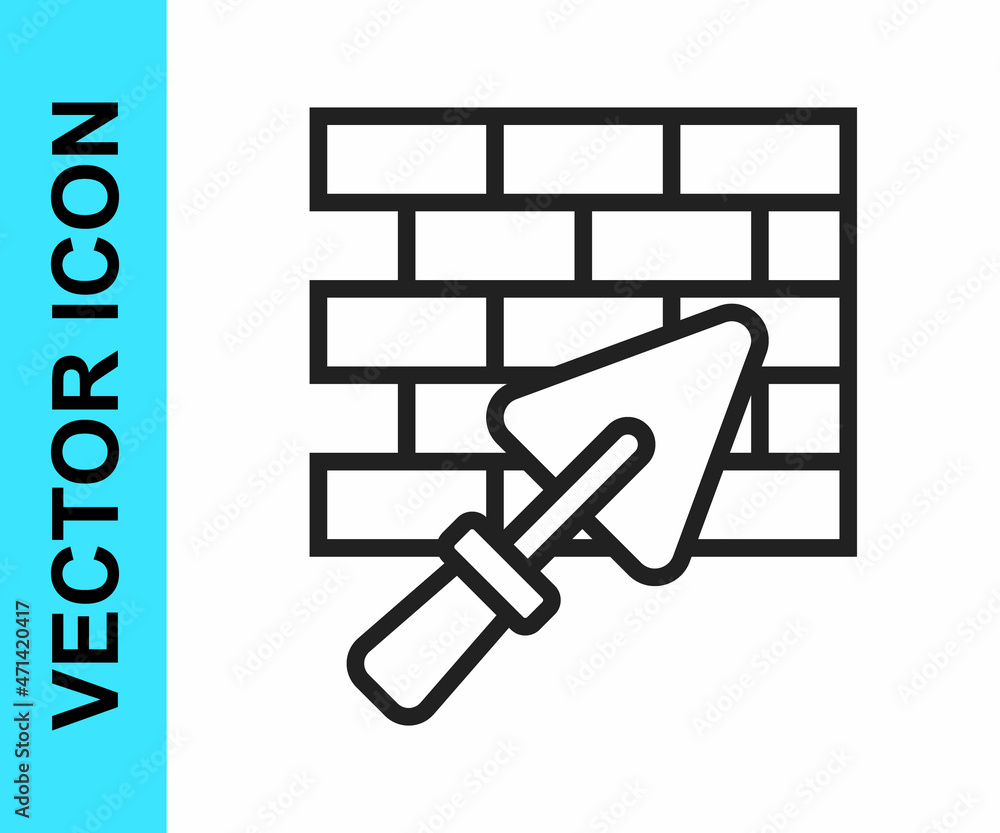 Black line Brick wall with trowel icon isolated on white background. Vector Black line Brick wall with trowel icon isolated on white background. Vector