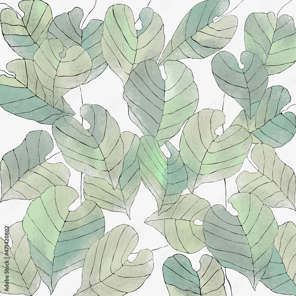 Ilustracja motyw roślinny delikatne pastelowe liście na białym tle - obrazy, fototapety, plakaty 