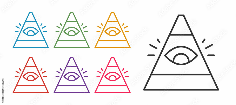 Set line Masons symbol All-seeing eye of God icon isolated on white background. The eye of Providence in the triangle. Set icons colorful. Vector
