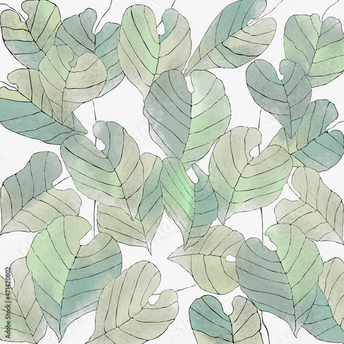 Ilustracja motyw roślinny delikatne pastelowe liście na białym tle