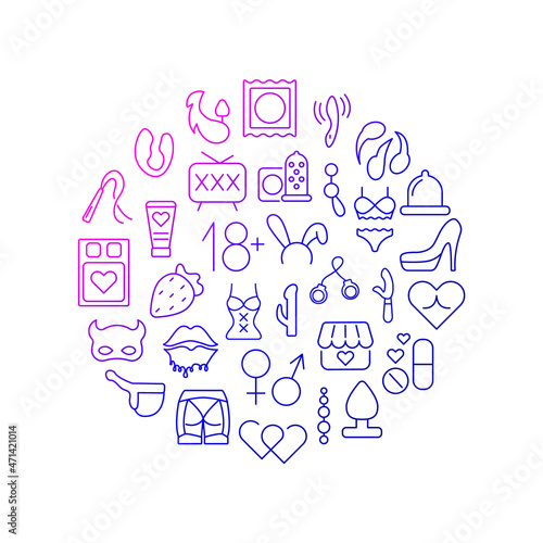 Sex shop circle layout with outline icons. Adult toys. Intimate store. Sex shop emblem. Isolated vector illustration