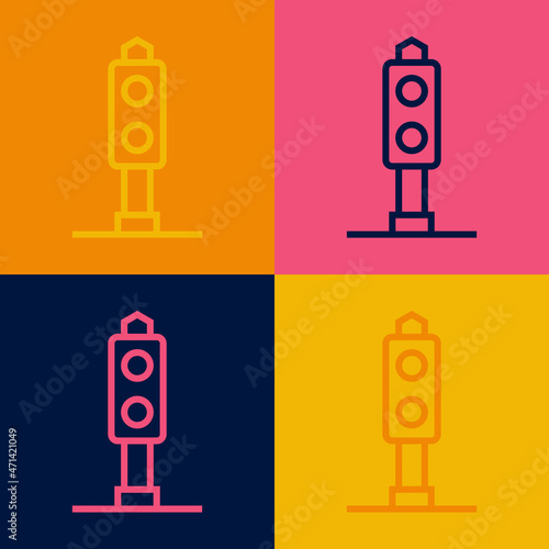 Pop art line Train traffic light icon isolated on color background. Traffic lights for the railway to regulate the movement of trains. Vector