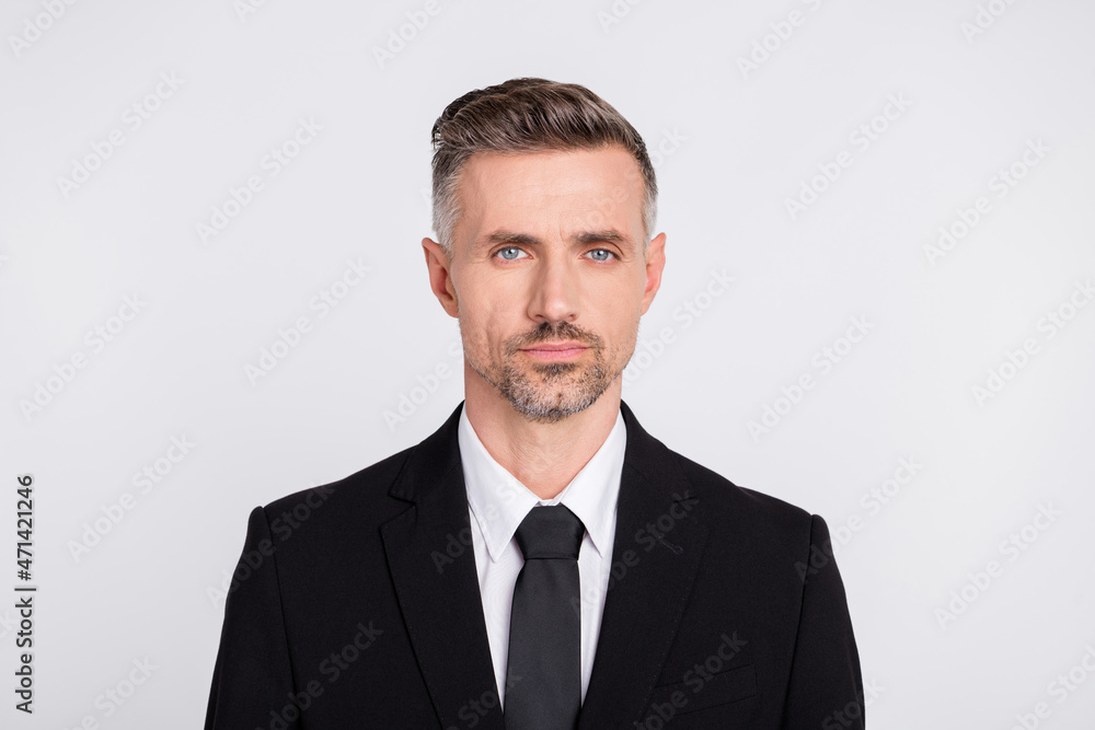 Photo of smart clever mature accountant dressed black suit isolated grey color background Photo of smart clever mature accountant dressed black suit isolated grey color background