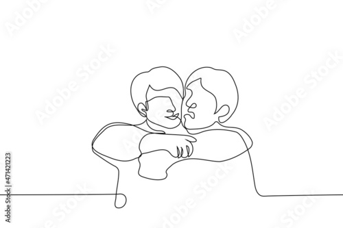 two friends hug, one does not like skinship and other rubs against his face tightly clasping neck - one line drawing vector. concept of hugging tactile and non tactile person