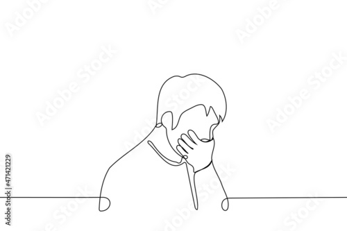 man with head bowed put hand to face he is shocked - one line drawing vector. shock concept, silence yourself, nausea attack, cover your mouth when coughing, hide your teeth