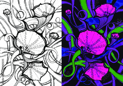 Coloring pages. Organic shapes on a dark background. Bright and contrasting colors. Vector. Relaxing pictures, meditation.