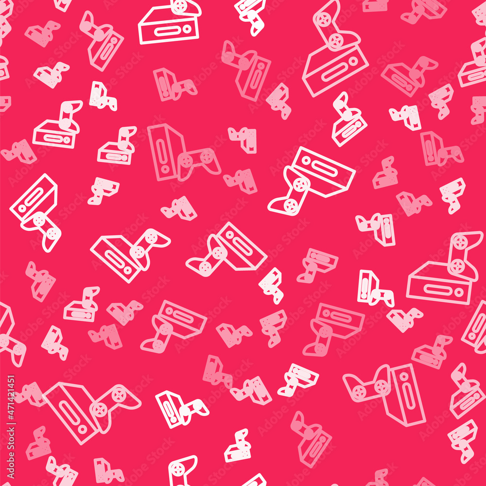 White line Video game console with joystick icon isolated seamless pattern on red background. Vector White line Video game console with joystick icon isolated seamless pattern on red background. Vector