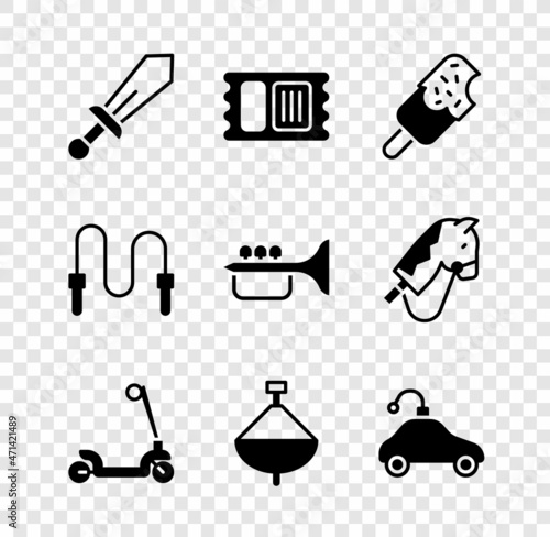 Set Sword toy, Circus ticket, Ice cream, Roller scooter, Whirligig, Radio controlled car, Jump rope and Trumpet icon. Vector