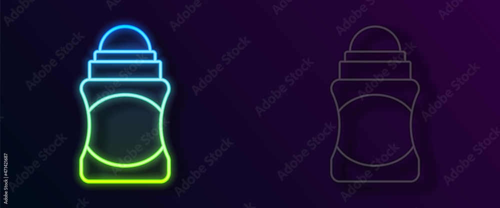 Glowing neon line Antiperspirant deodorant roll icon isolated on black background. Cosmetic for body hygiene. Vector Glowing neon line Antiperspirant deodorant roll icon isolated on black background. Cosmetic for body hygiene. Vector