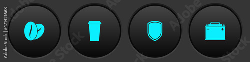 Set Coffee beans, cup, Shield and Car battery icon. Vector