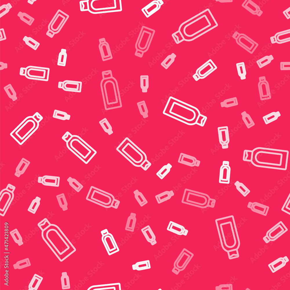 White line Bottle of shampoo icon isolated seamless pattern on red background. Vector White line Bottle of shampoo icon isolated seamless pattern on red background. Vector