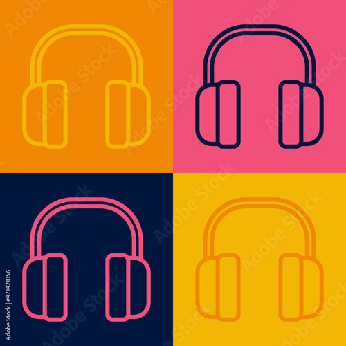 Pop art line Noise canceling headphones icon isolated on color background. Headphones for ear protection from noise. Vector