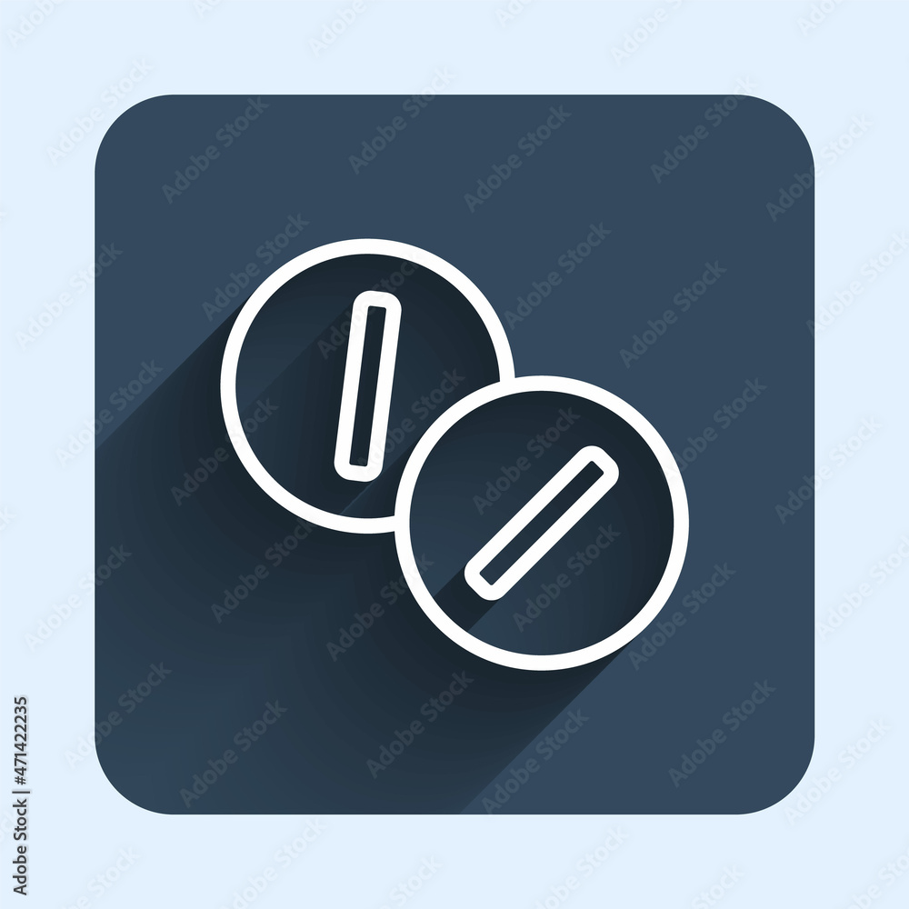White line Toothache painkiller tablet icon isolated with long shadow background. Tooth care medicine. Capsule pill and drug. Pharmacy design. Blue square button. Vector White line Toothache painkiller tablet icon isolated with long shadow background. Tooth care medicine. Capsule pill and drug. Pharmacy design. Blue square button. Vector