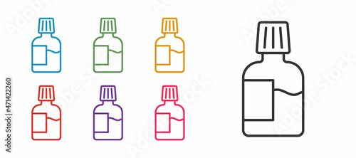 Set line Mouthwash plastic bottle icon isolated on white background. Liquid for rinsing mouth. Oralcare equipment. Set icons colorful. Vector