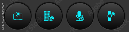 Set Laptop setting, Mobile Apps, Microphone and Wrist watch icon. Vector
