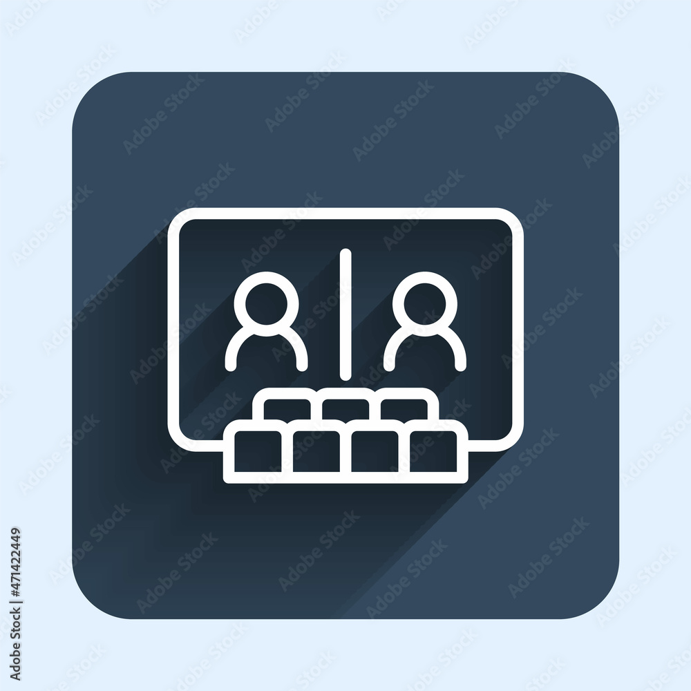 White line Video chat conference icon isolated with long shadow background. Online meeting work form home. Remote project management. Blue square button. Vector White line Video chat conference icon isolated with long shadow background. Online meeting work form home. Remote project management. Blue square button. Vector