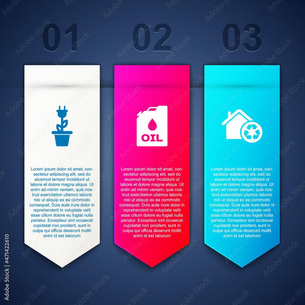 Set Electric saving plug in pot, Canister machine oil and Eco House with recycling. Business infographic template. Vector Set Electric saving plug in pot, Canister machine oil and Eco House with recycling. Business infographic template. Vector