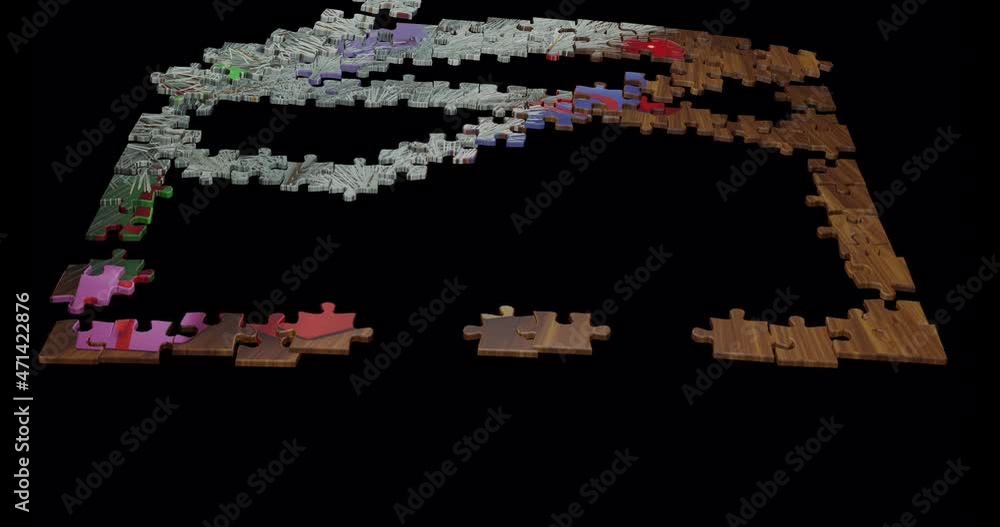 A folding puzzle with a Christmas picture. Jigsaw puzzle pieces falling into place and bouncing