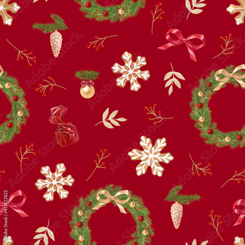 New Year's pattern with wreaths of fir branches, bows and gingerbread. Watercolor illustrations