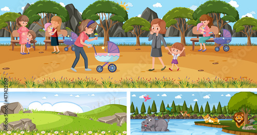 Set of outdoor panoramic landscape with cartoon character © brgfx