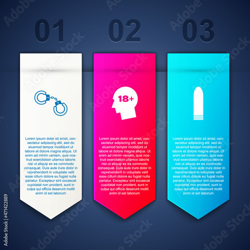 Set Sexy fluffy handcuffs, Head with 18 plus and Dildo vibrator. Business infographic template. Vector