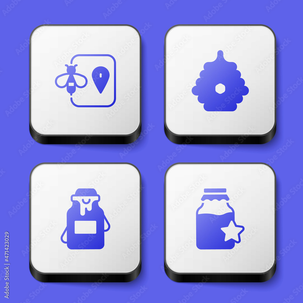 Set Bee location, Hive for bees, Jar of honey and icon. White square button. Vector Set Bee location, Hive for bees, Jar of honey and icon. White square button. Vector