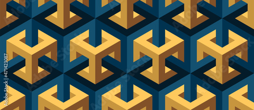 Seamless vector 3D pattern with optical illusions. Cubes. Op Art. Modern template for wrapping, cards, fabric, design interior, packing. Psychedelic geometric design. Background. Wallpapers. 3D Tiles.