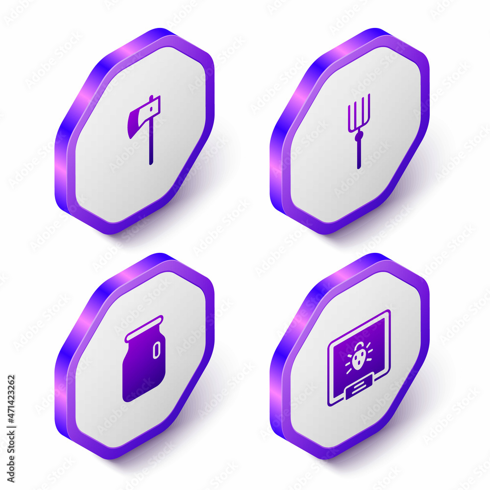Set Isometric Wooden axe, Garden pitchfork, Glass jar with screw-cap and Colorado beetle icon. Purple hexagon button. Vector Set Isometric Wooden axe, Garden pitchfork, Glass jar with screw-cap and Colorado beetle icon. Purple hexagon button. Vector