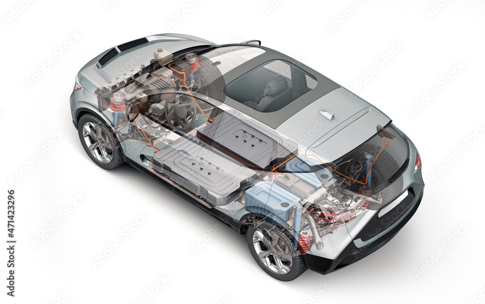 Electric car technical cutaway 3d rendering. Electric car technical cutaway 3d rendering.