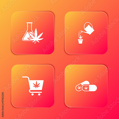 Set Test tube with marijuana, Watering can, Shopping cart and Medical pills icon. Vector