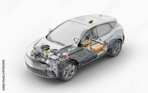 Electric car technical cutaway 3d rendering. © matis75