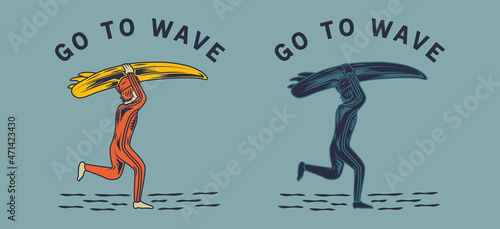 illustration of people with boards getting ready for the waves by the beach