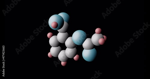 Abstract molecule of acetylsalicylic acid rotating in dark space. Aspirin molecule with gray carbon atoms, blue oxygen atoms and red hydrogen atoms. 3D render. photo