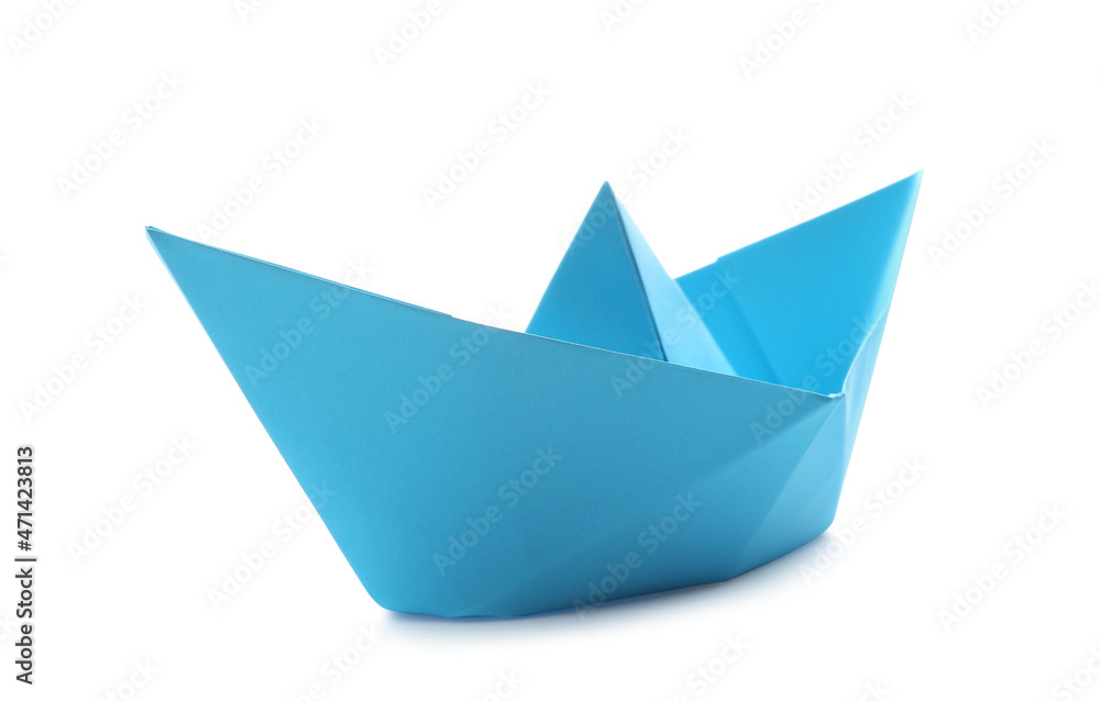 Handmade light blue paper boat isolated on white. Origami art Handmade light blue paper boat isolated on white. Origami art