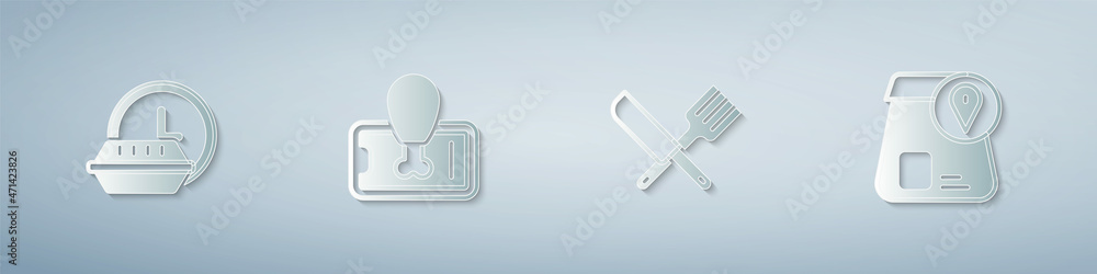 Set Round the clock delivery, Food ordering on mobile, Crossed knife and fork and Online food. Paper art style. Vector Set Round the clock delivery, Food ordering on mobile, Crossed knife and fork and Online food. Paper art style. Vector