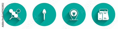 Set Meatballs on wooden stick, Spoon, Cafe and restaurant location and Online ordering food icon with long shadow. Vector