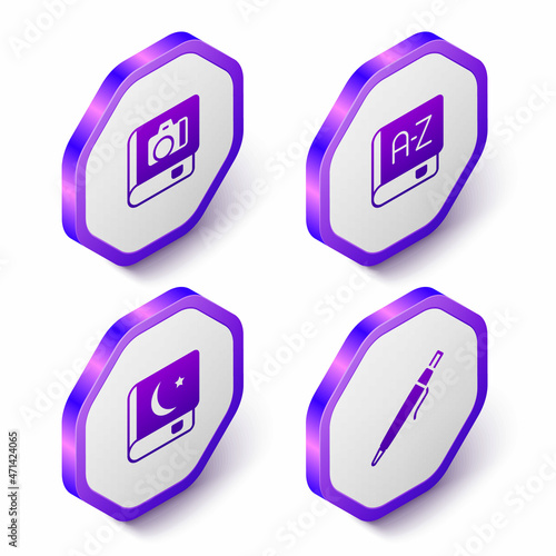 Set Isometric Photo album gallery, Translator book, Holy of Koran and Pen icon. Purple hexagon button. Vector