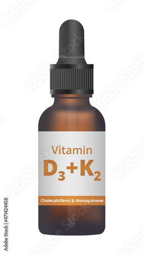 Vector illustration or icon of an amber glass dropper bottle with liquid vitamin D3 and K2 drops. Synergy for better absorption. Liquid drops, dietary supplement. Cholecalciferol and menaquinone.