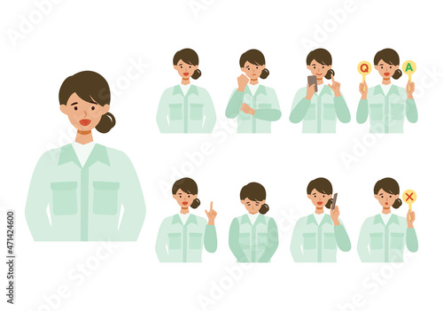 Woman wearing factory worker uniform. Factory worker Woman cartoon character head collection set. People face profiles avatars and icons. Close up image of smiling Woman.