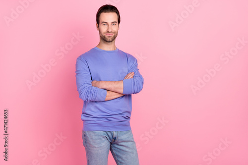 Photo of brunet ceo guy crossed palms wear blue sweater jeans isolated on pink color background