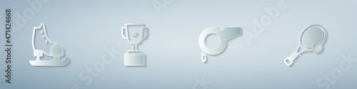 Set Skates, Award cup, Whistle and Tennis racket with ball. Paper art style. Vector