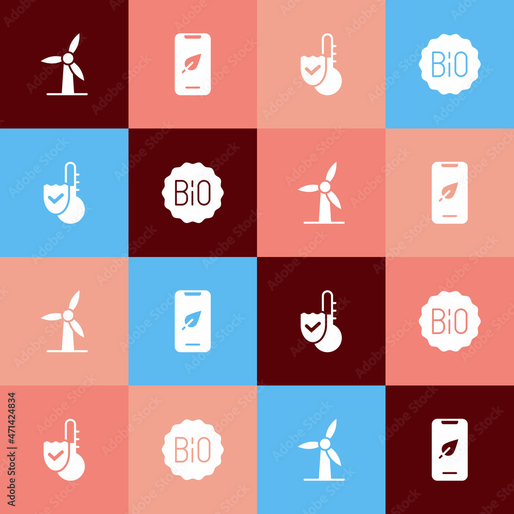 Set pop art Wind turbine, Mobile phone with leaf, Thermometer and Banner for bio icon. Vector Set pop art Wind turbine, Mobile phone with leaf, Thermometer and Banner for bio icon. Vector
